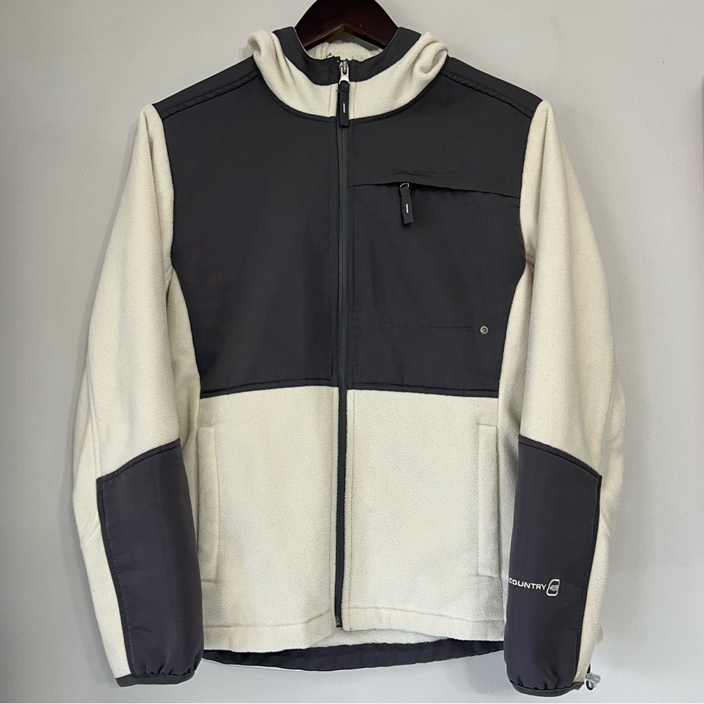Free Country Full Zip Hooded Fleece Jacket Colorblock Ivory Gray Size Large